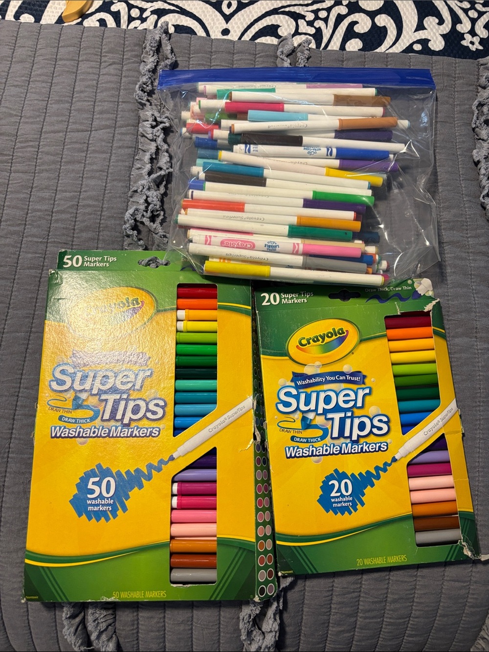 Crayola Super Tips Washable Markers and
Assortment of colored pencils.